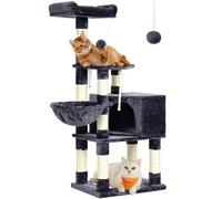 Feandrea Arbre à Chat Hauteur 138 cm, Tour de Jeux pour Chats, avec Base et 9 Poteaux à Griffer, 1 Plateforme, 1 Niche, 1 Hamac, 1 Pompon, 1 Corde, Tissu Peluche, Multi-Niveaux, Gris Fumé PCT060G01