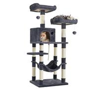 Feandrea Arbre à Chat Hauteur 143 cm, Tour de Jeux pour Chat, avec 11 Poteaux à Griffer, 2 Plateformes, 1 Niche, 1 Hamac, 2 Pompons, en Tissu Peluche, Plusieurs Niveaux, Gris Fumé PCT15GYZ