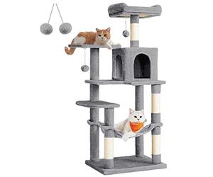 Feandrea Arbre à Chat, Hauteur 143 cm, Taille M, Multi-Niveaux | Tour de Jeux pour Chats, avec 4 Poteaux à Griffer, 2 Plateformes, 1 Niche, 1 Hamac, 2 Pompons, en Tissu Peluche PCT161W01