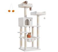 Feandrea Arbre à Chat Hauteur 143 cm, Tour de Jeux pour Chat, avec 11 Poteaux à Griffer, 2 Plateformes, 1 Niche, 1 Hamac, 2 Pompons, en Tissu Peluche, Plusieurs Niveaux, Blanc Crème PCT015W02