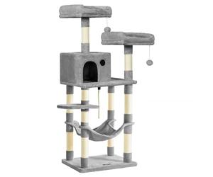 Feandrea Arbre à Chat Hauteur 143 cm, Tour de Jeux pour Chat, avec 11 Poteaux à Griffer, 2 Plateformes, 1 Niche, 1 Hamac, 2 Pompons, en Tissu Peluche, Plusieurs Niveaux, Gris Clair PCT15W
