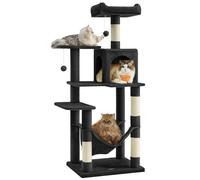Feandrea Arbre à Chat Hauteur 143 cm, Tour de Jeux pour Chats, avec 4 Poteaux à Griffer, 2 Plateformes, 1 Niche, 1 Hamac, 2 Pompons, en Tissu Peluche, Multi-Niveaux, Noir d'encre PCT161B01