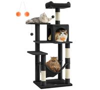 Feandrea Arbre à Chat Hauteur 143 cm, Tour de Jeux pour Chats, avec 4 Poteaux à Griffer, 2 Plateformes, 1 Niche, 1 Hamac, 2 Pompons, en Tissu Peluche, Multi-Niveaux, Noir d'encre PCT161B01