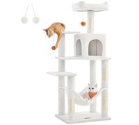 Feandrea Arbre à Chat Hauteur 143 cm, Tour de Jeux pour Chats, avec 4 Poteaux à Griffer, 2 Plateformes, 1 Niche, 1 Hamac, 2 Pompons, en Tissu Peluche, Multi-Niveaux, Blanc Crème PCT161T01