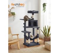 Feandrea Arbre à Chat Hauteur 143 cm, Tour de Jeux pour Chats, avec 4 Poteaux à Griffer, 2 Plateformes, 1 Niche, 1 Hamac, 2 Pompons, en Tissu Peluche, Multi-Niveaux Gris Fumé