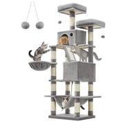 Feandrea Arbre à Chat, Hauteur 168 cm, avec 13 Griffoirs, 2 Plate-Forme, 2 Niches, Panier, Hamac, Pompon, Multi-Niveaux, Gris Clair
