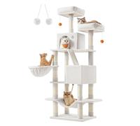 Feandrea Arbre à Chat, Hauteur 168 cm, avec 13 Griffoirs, 2 Plate-Forme, 2 Niches, Panier, Hamac, Pompon, Tissu Peluche, Multi-Niveaux pour Chat d'Intérieur, Blanc Crème PCT165T01