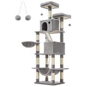 Feandrea Arbre à Chat, Hauteur 206 cm, avec 13 Griffoirs, 2 Plate-Forme, 2 Niches, Panier, Hamac, Pompon, Multi-Niveaux, Gris Clair