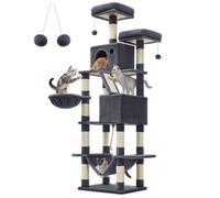 Feandrea Arbre à Chat, Hauteur 206 cm, avec 13 Griffoirs, 2 Plate-Forme, 2 Niches, Panier, Hamac, Pompon, Multi-Niveaux, Gris Foncé