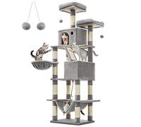 Feandrea Arbre à Chat, Hauteur 206 cm, avec 13 Griffoirs, 2 Plate-Forme, 2 Niches, Panier, Hamac, Pompon, Tissu Peluche, Multi-Niveaux pour Chat d'Intérieur, Gris Clair PCT190W01