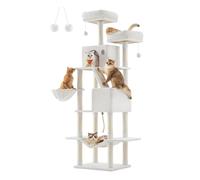 Feandrea Arbre à Chat, Hauteur 206 cm, avec 13 Griffoirs, 2 Plate-forme, 2 Niches, Panier, Hamac, Pompon, Tissu Peluche, Multi-niveaux pour Chat d'Intérieur, Blanc Crème PCT190T01
