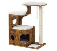 FEANDREA Arbre à Chat, Hauteur 86 cm, 3 Plate-Formes et 1 Niche, Panneau MDF, Poteau en Sisal, Tissu Peluche Lavable, Style Vintage, Marron Rustique et Blanc PCT70HW