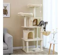 FEANDREA Arbre à Chat, hauteur de 152 cm, panier, Tour de Jeux, 2 niches, jouets, plate-forme, Griffoir, Beige