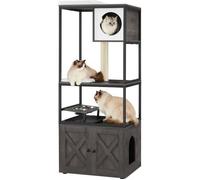 Feandrea Arbre à Chat, Maison pour Chat avec Cache-litière, Gamelles Surélevées, Poteau à Griffer en Sisal, Gris Brumeux