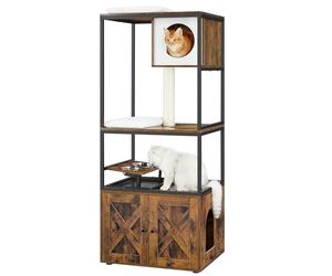 Feandrea Arbre à Chat, Maison pour Chat avec Cache-litière, Gamelles Surélevées, Poteau à Griffer en Sisal, Tapis Lavables, Marron Rustique PCT312X01