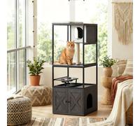 FEANDREA Arbre à Chat, Maison pour Chat avec Cache-litière, Poteau en Sisal, Gamelles Surélevées Blanc