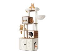 Arbre À Chat Moderne Avec Cache-Litière, Tour De Jeu, Griffoir Avec Maison De Toilette, 180 Cm, Niche, Plateforme, Tapis Lavables, Marron Miel Et Blanc Rustique