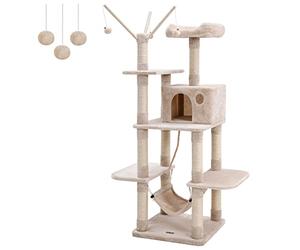 Feandrea Arbre à Chat, Multi-Niveaux, Grande capacité, Griffoir, Niches, Colonnes renforcées, Tour à Chats, Hauteur 154 cm, Beige PCT86M