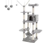 FEANDREA Arbre à grimper XXL, bourrelet stable avec hamac, creux, jouer avec du sisal, 154 cm, gris clair