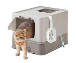 Feandrea Bac à Litière Fermé, Maison de Toilette, Plateau Amovible, Pelle, Brosse, pour Grand Chat, Capacité de Charge 15 kg, Anti-Traces, Anti-fuites, Gris Clair et Gris Foncé PPT001G01