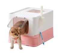 Feandrea Bac à Litière Fermé pour Chat, Maison de Toilette, Plateau Amovible, Pelle, Brosse, pour Grand Chat, Capacité 15 kg, Anti-Traces, Anti-fuites, Blanc et Rose Bonbon PPT001P01