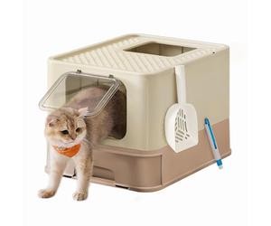 Feandrea Bac à Litière Fermé XXL, Maison de Toilette, Plateau Amovible | Capacité 15 kg, Pelle, Brosse, Anti-traces, Anti-fuites, Marron camel, Collection BOXAL PPT001LJ02