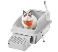 Feandrea Bac à Litière pour Chat, en Acier Inoxydable, à Bords Hauts, Dessus Ouvert, Marche, Pelle, Brosse, pour Chats Jusqu’à 15 kg, Gris Tourterelle PPT008GD01
