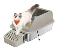 Feandrea Bac à Litière pour Chat, en Acier Inoxydable, à Bords Hauts, Dessus Ouvert, Marche, Pelle, Brosse, pour Chats Jusqu’à 15 kg, Marron café PPT008K101