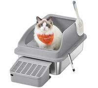 Feandrea Bac à Litière pour Chat, en Acier Inoxydable, à Bords Hauts, Dessus Ouvert, Marche, Pelle, Brosse, pour Chats Jusqu’à 15 kg, Gris Ardoise PPT008GN01