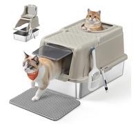 Feandrea Bac à Litière pour Chat, en Acier Inoxydable, avec Couvercle Basculant, Grande Taille, Design Étanche, Pelle, Brosse, Double Entrée, pour Chats Jusqu'à 15 kg, Beige Cappuccino PPT005K01
