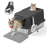 Feandrea Bac à Litière pour Chat, en Acier Inoxydable, avec Couvercle Basculant, Grande Taille, Design Étanche, Pelle, Brosse, Double Entrée, pour Chats Jusqu'à 15 kg, Noir d'encre PPT005BH01