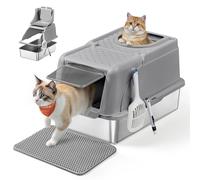 Feandrea Bac à Litière pour Chat, en Acier Inoxydable, avec Couvercle Basculant, Grande Taille, Design Étanche, Pelle, Brosse, Double Entrée, pour Chats Jusqu'à 15 kg, Gris Tourterelle PPT005G01