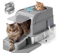 Feandrea Bac à Litière pour Chat en Acier Inoxydable avec Couvercle, Caisse Litière Fermée, 2 Entrées, Pelle et Brosse, pour Chats Jusqu’à 15 kg, Gris Tourterelle PPT021G201