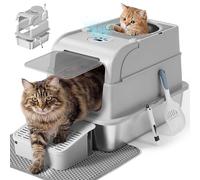 Feandrea Bac à Litière pour Chat en Acier Inoxydable avec Couvercle, Caisse Litière Fermée, 2 Entrées, Pelle et Brosse, pour Chats Jusqu’à 15 kg, Gris Clair PPT021G101