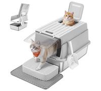 Feandrea Bac à Litière pour Chat, en Acier Inoxydable, avec Couvercle, Pelle, Tapis pour Litière et 2 Entrées, pour Chats Jusqu’à 15 kg, Gris Clair PPT007GD01