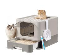 Feandrea Bac à Litière pour Chat en Acier Inoxydable, Caisse Litière avec Plateau Coulissant, Pelle, Brosse, 2 Entrées, pour Chats Jusqu’à 15 kg, Gris Clair et Gris Foncé PPT004G101