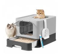 Feandrea Bac à Litière pour Chat en Acier Inoxydable, Jusqu'à 15 kg | Caisse Litière avec Plateau Coulissant, Pelle, Brosse, 2 Entrées, Noir D'Encre, Collection BOXAL PPT004B101