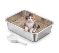 Feandrea Bac à Litière pour Chat en Acier Inoxydable, Litière Ouverte avec Pelle, Argent, 40 x 30 x 10 cm, pour Chatons et Petits Chats PPT013E101
