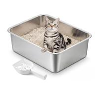 Feandrea Bac à Litière pour Chat en Acier Inoxydable, Litière Ouverte avec Pelle, Argent, 45 x 35 x 15 cm, pour Chatons et Petits Chats PPT014E101