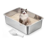 Feandrea Bac à Litière pour Chat en Acier Inoxydable, Litière Ouverte avec Pelle, Argent, 50 x 35 x 15 cm, pour Chats de Taille Moyenne et Grande PPT016E101