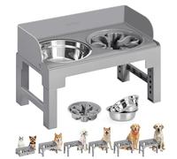Feandrea Gamelle pour Chien Surélevée, avec Support, Ajustable en Hauteur et Inclinable, Support Gamelle, 2 Bols en Acier Inoxydable 304, 1 Bol Anti-Glouton, Gris Tourterelle PRB103GD01