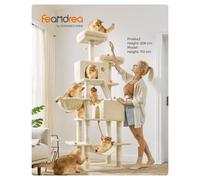 FEANDREA Grand arbre à chat - 13 poteaux, 2 plateformes, 2 cabanes, 1 hamac, niveaux multiples - Beige, 206 cm