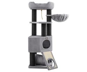 FEANDREA Grand Arbre à Chat, Tour de Jeux Taille M, avec Niche, Hamac, Plate-Forme en Tissu Peluche, Tunnel, Poteaux en Sisal, Griffoir, 50 x 50 x 141 cm, Gris Clair et Noir