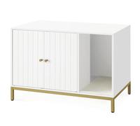 Feandrea Meuble Litière pour Chat, Maison de Toilette pour Chat, avec Tapis de Grattage, Pieds Hauts, Table d'Appoint, 80 x 50 x 55 cm, Blanc et Doré PCL007W01