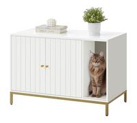 Feandrea Meuble Litière pour Chat, Maison de Toilette pour Chat, avec Tapis de Grattage, Pieds Hauts, Table d'Appoint, 90 x 48 x 61,5 cm, Blanc et Doré PCL027W01