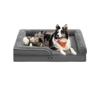 Feandrea Panier pour Chien, Lit pour Animal, Orthopédique, Mousse Alvéolée, Bords Surélevés Rembourrés, Housse Amovible en Tissu Peluche aux Motifs Roses, 106 x 81 x 18 cm, Gris Ardoise PGW253G02