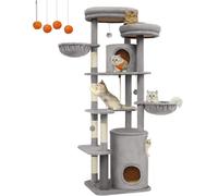 Feandrea PCT153W01 Arbre à chat gris XXL avec 3 grottes, perchoirs, hamacs, griffoirs, tunnel, pompons et brosse à chat - 196 cm