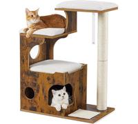 FEANDREA Poteau à gratter moyen pour chat 86 cm - 3 surfaces de repos et grotte, MDF avec placage en bois, tige en sisal, coussins en peluche lavables - Brun-blanc vintage.