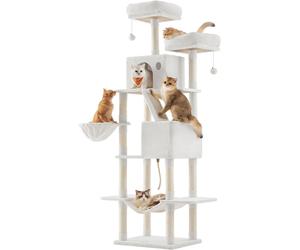 Feandrea Poteau à griffer pour chat - 206 cm de Haut - 13 Barres à griffer - 2 Plateformes - 2 Tunnels pour chats - Panier suspendu - Hamac - Crème - Modèle PCT190T01
