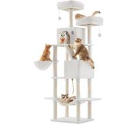FEANDREA Poteau à griffer pour chat, 206 cm de haut, avec 13 barres à griffer, 2 plateformes, 2 niches, panier suspendu, hamac, franges, revêtement en tissu polaire, design multi-niveaux adapté aux ch